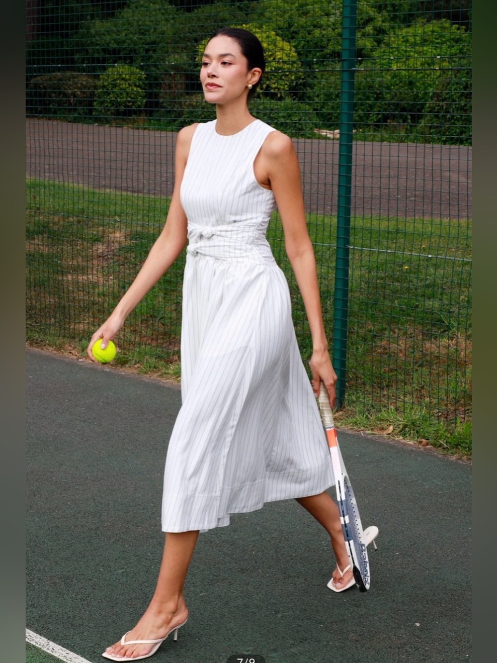 COMMENSE COTTON BLENDSleeveless White Pinstripe Midi Dress - Classic